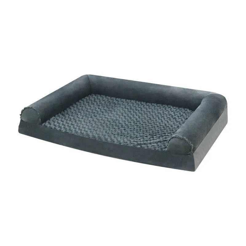 Light grey soft cloth dog kennel for large dogs showing its open front and low-sided design.