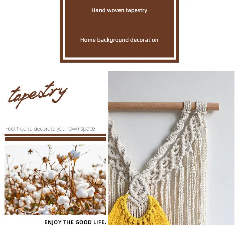Nordic style hand-woven cotton tapestry wall hanging with creamy white and yellow threads