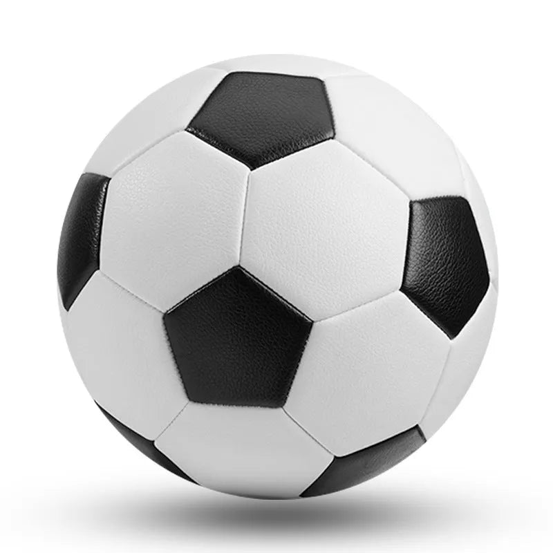 Machine-sewn PVC football in sizes 3, 4, and 5 shown in various colour patterns including red dragon roll and tornado blue.