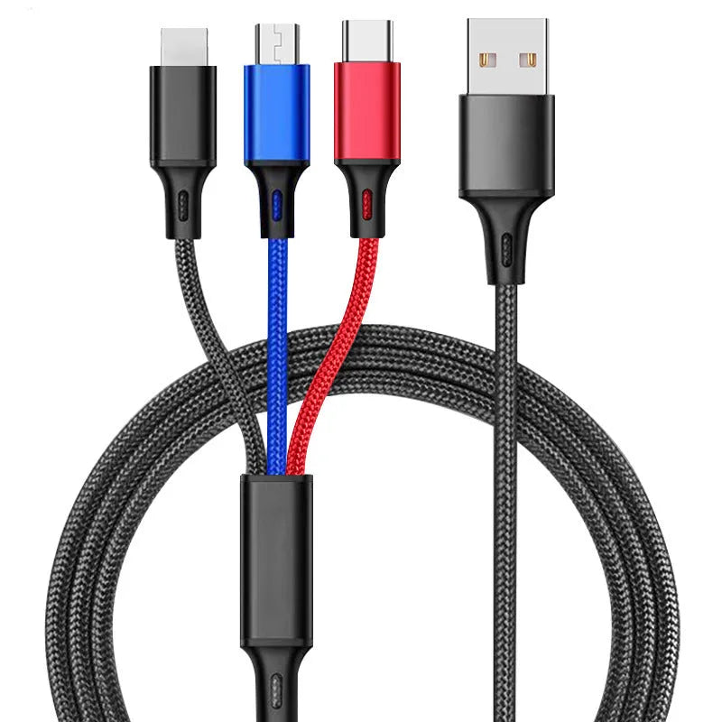 Braided 3-in-1 data cable with aluminium alloy connectors showing red, blue, silver and black colour options