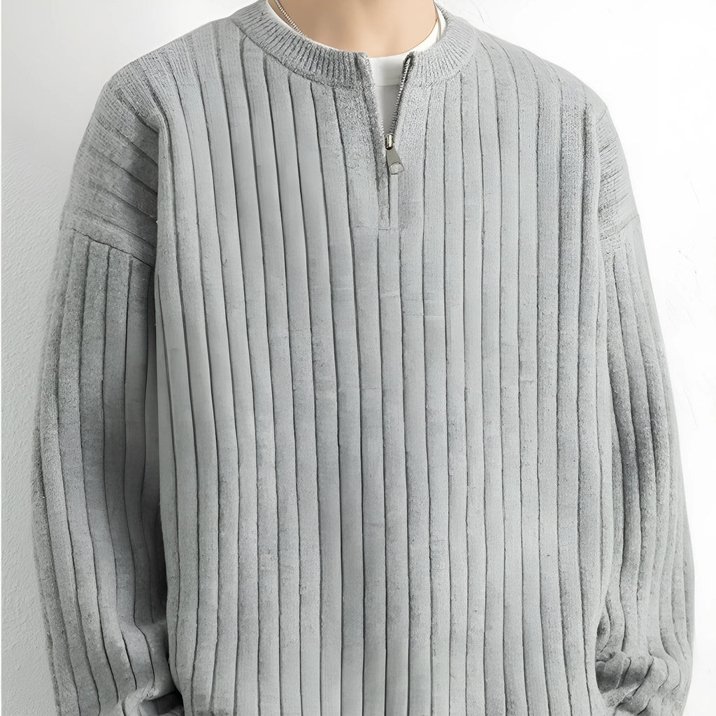 Men's gray half zip pullover sweater with texture knit and loose fit