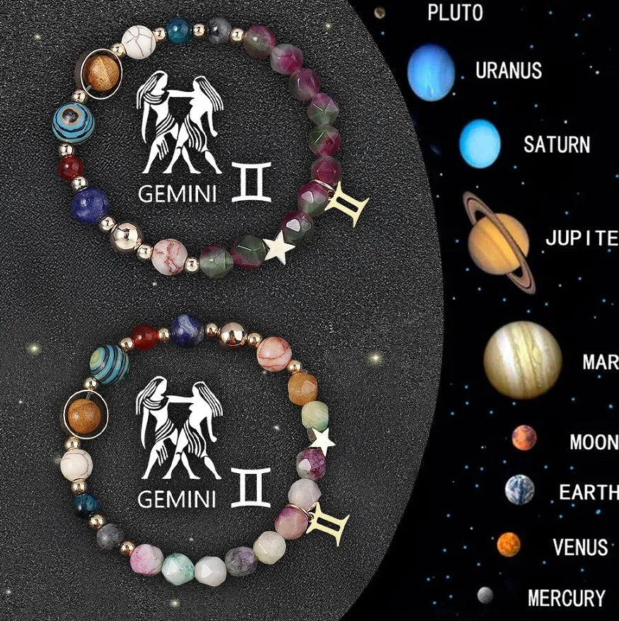 Natural stone beaded zodiac bracelets showing twelve astrological sign designs on elastic cord