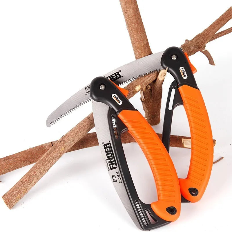 Folding garden saw with extended 230mm steel blade and black TPR grip, shown in open and closed positions.