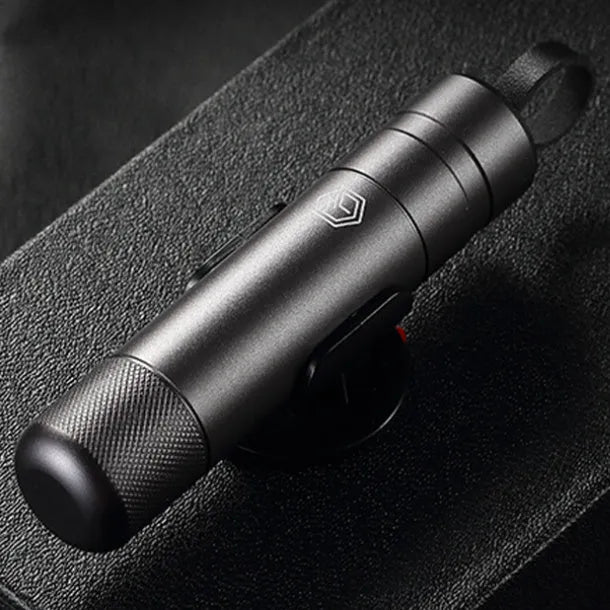 Gun grey aluminium alloy car safety hammer measuring 87mm with seatbelt cutting blade