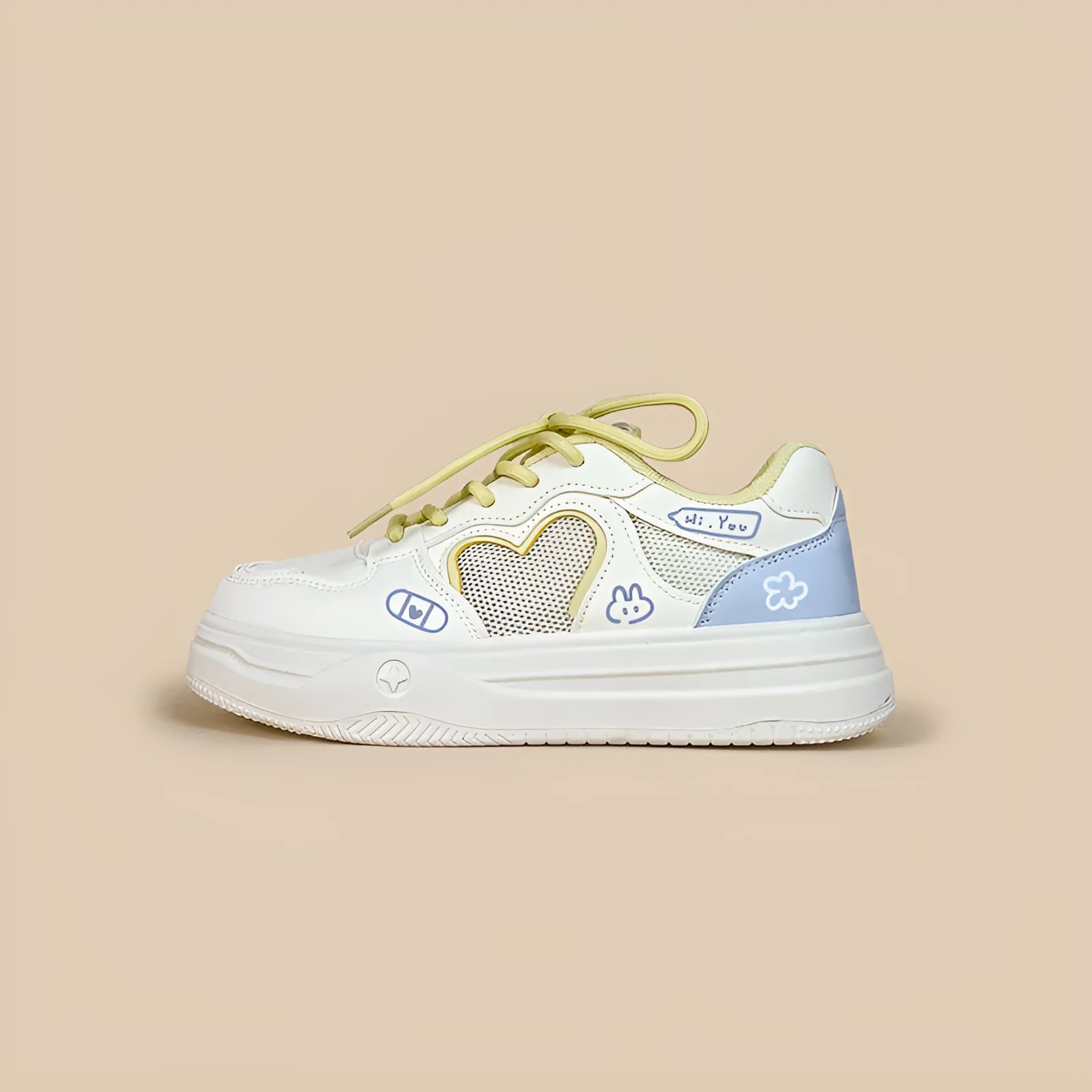 Meow Rabbit Sea Salt Cheese coloured mesh sneakers with lace-up closure and rubber sole