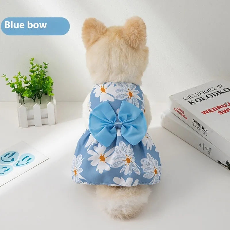 Ultra-thin polyester pet dress with floral butterfly design and adjustable bow knot for dogs and cats