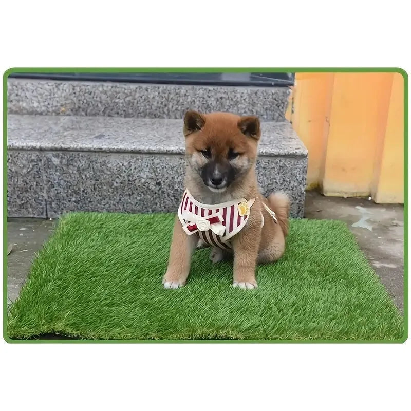 Artificial grass dog toilet training mat on floor with three size options shown