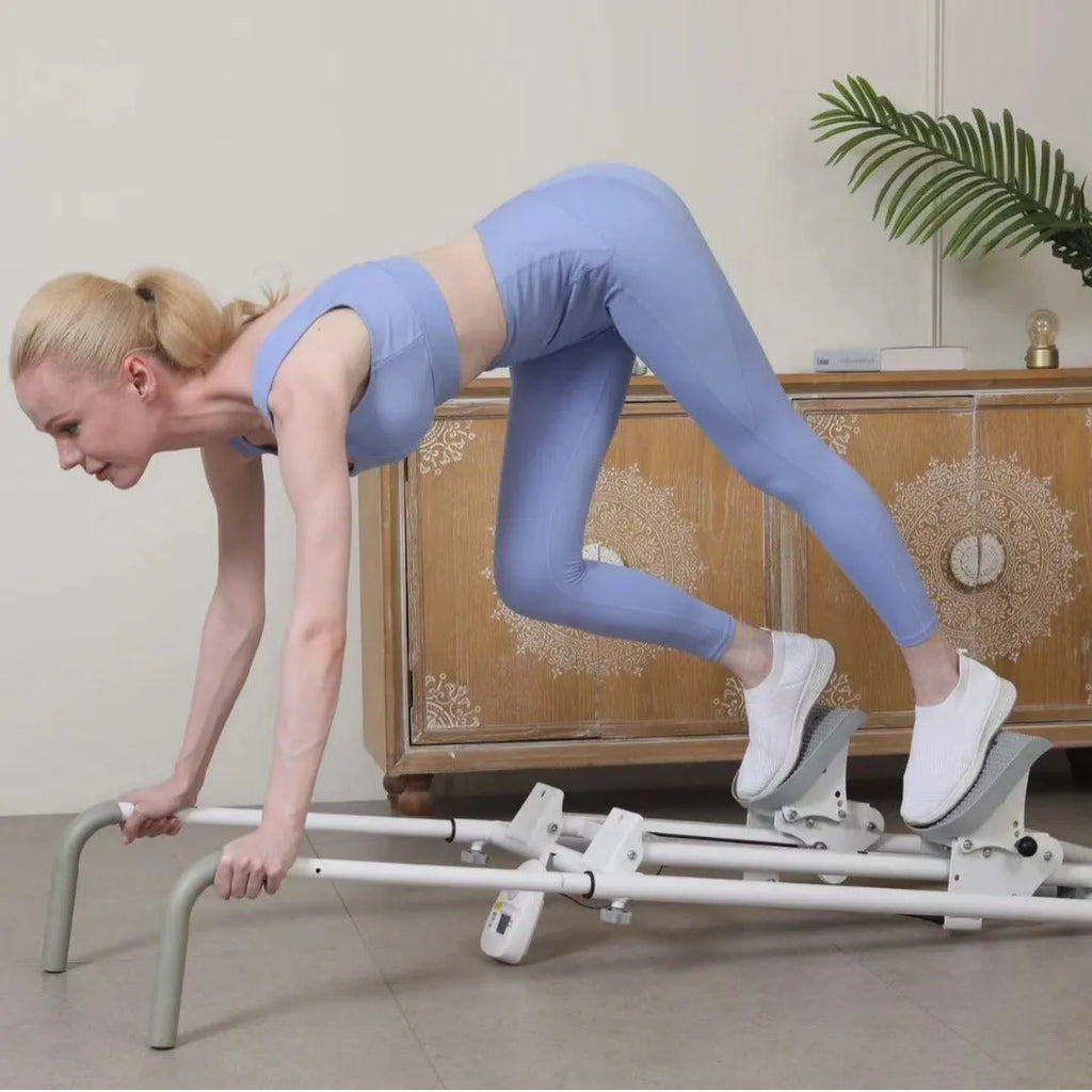 White foldable indoor climbing frame with treadmill function for home fitness exercise