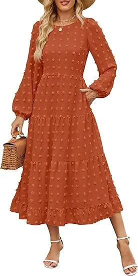 Women's beige long sleeve casual dress with ruffled sleeves and a high waist, shown on a hanger.