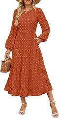Women's beige long sleeve casual dress with ruffled sleeves and a high waist, shown on a hanger.