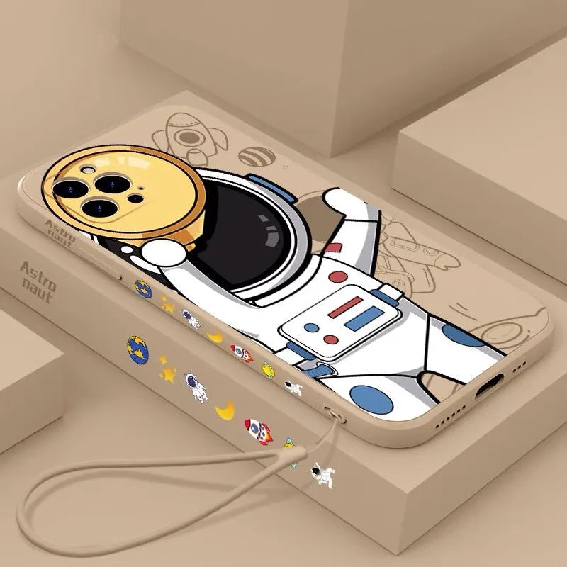 Silicone iPhone case with cartoon astronaut and starry sky design in classic black.