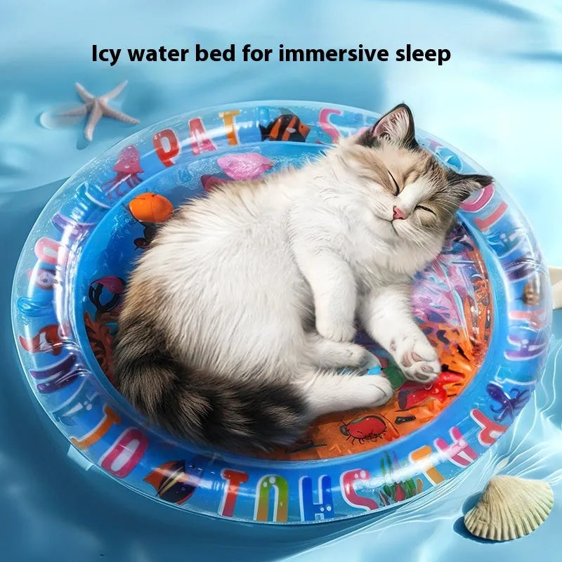 PVC inflatable pet water cooling mattress showing underwater world design for dogs
