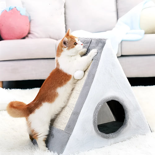 Grey and white triangle-shaped cat scratching post with an integrated fleece fabric bed.