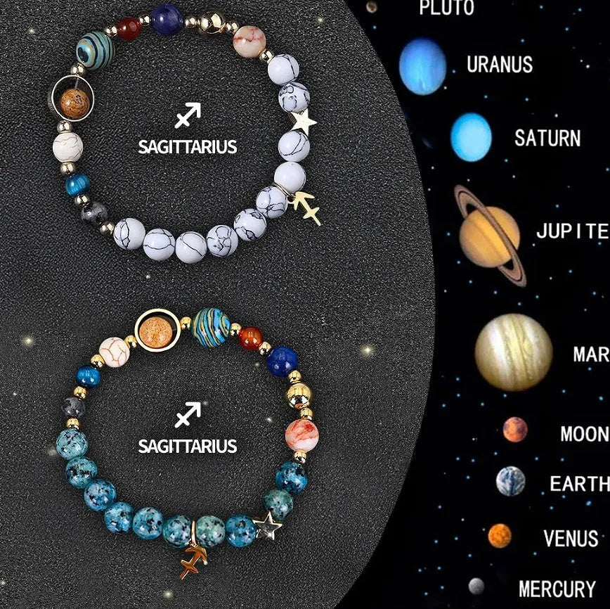 Set of twelve natural stone beaded bracelets for each zodiac sign arranged together.