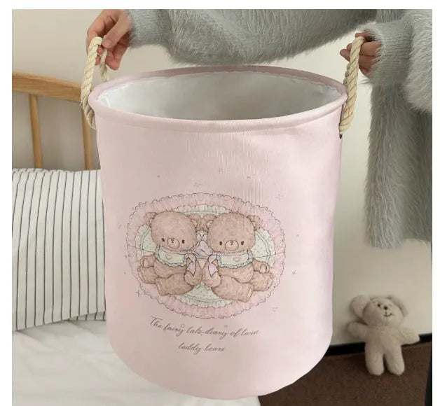 Foldable cotton laundry basket in mint green colour with bear design pattern for bedroom storage