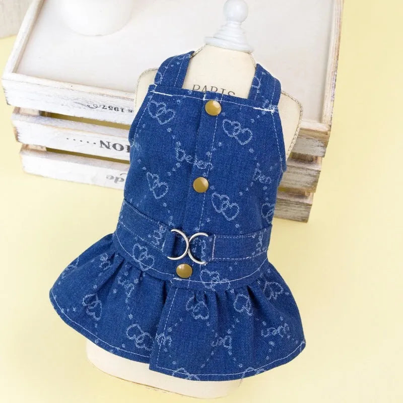 Denim princess dress for small dogs in bracket-skirt style on mannequin