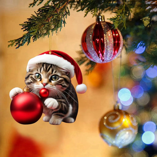 Christmas-themed cartoon cat car hanging ornament made of clear acrylic, shown in one of ten colour variants.