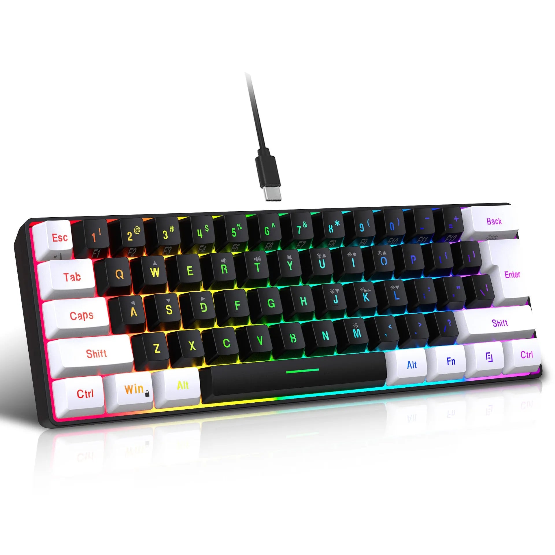 Simple wired 61 key membrane keyboard in white and black colour scheme with UK layout