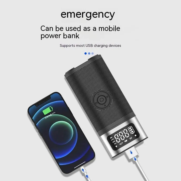 Black portable wireless smart air pump with LED light, 15cm tube, and multiple nozzle attachments