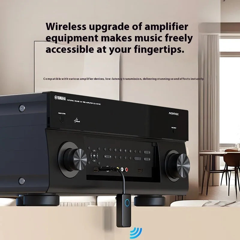 Black Bluetooth 5.4 audio adapter with a 3.5mm plug for wireless car and home stereo connectivity.