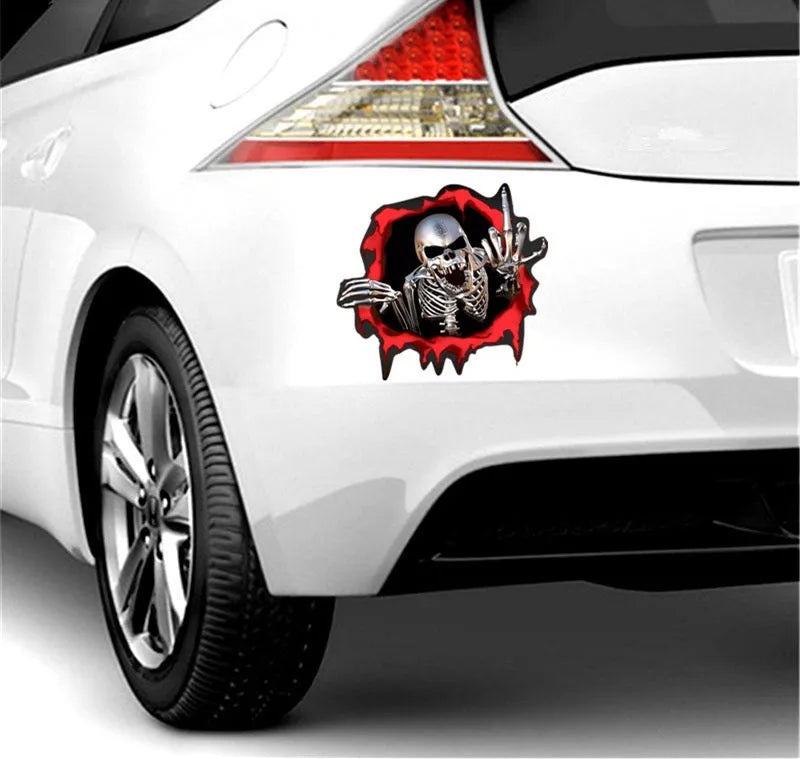 Colourful reflective metal skull car bumper sticker with broken shell pattern