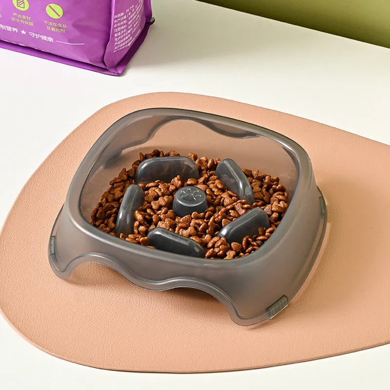 Blue plastic dog slow feeder bowl with anti-choking design for household use