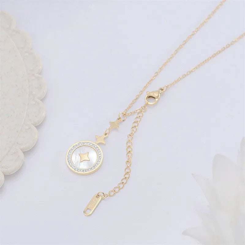 Women's titanium steel necklace with six-pointed star pendant on O-ring chain in gold colour