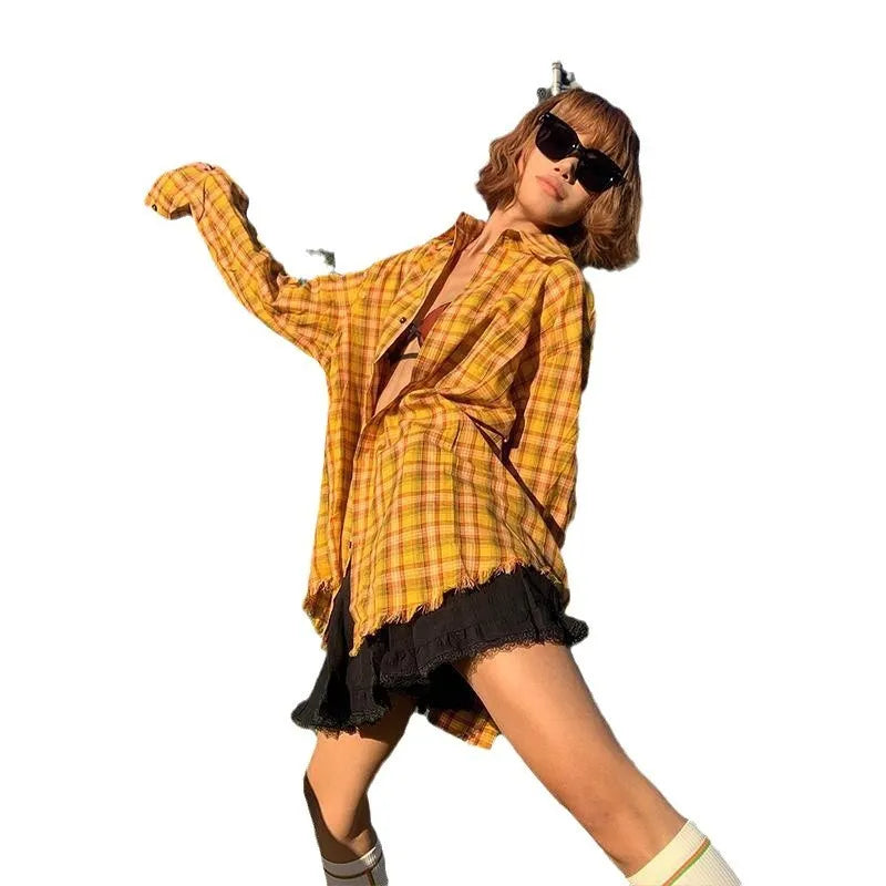 Dopamine yellow loose-fit plaid cardigan shirt for men and women.