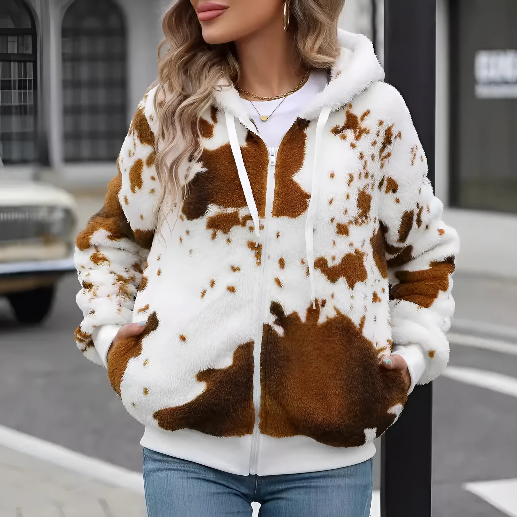 A man's yellow and brown cow print hooded cardigan jacket with a front zipper.