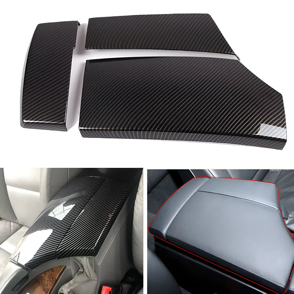 Three ABS armrest box protective covers with carbon fibre diagonal weave pattern showing polished shiny surface