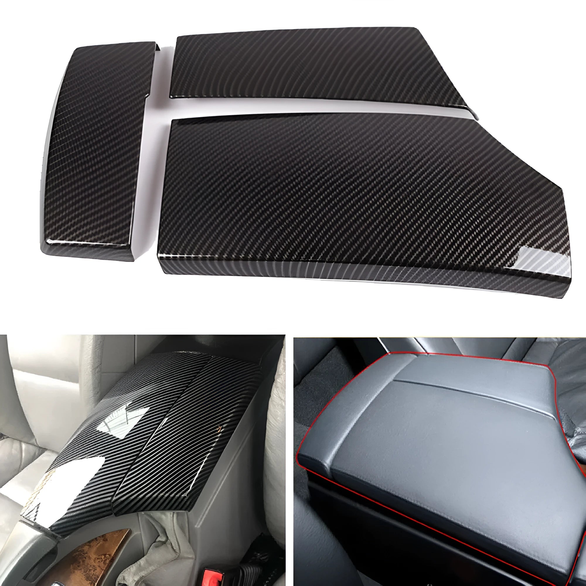 Three ABS armrest box protective covers with carbon fibre diagonal weave pattern showing polished shiny surface