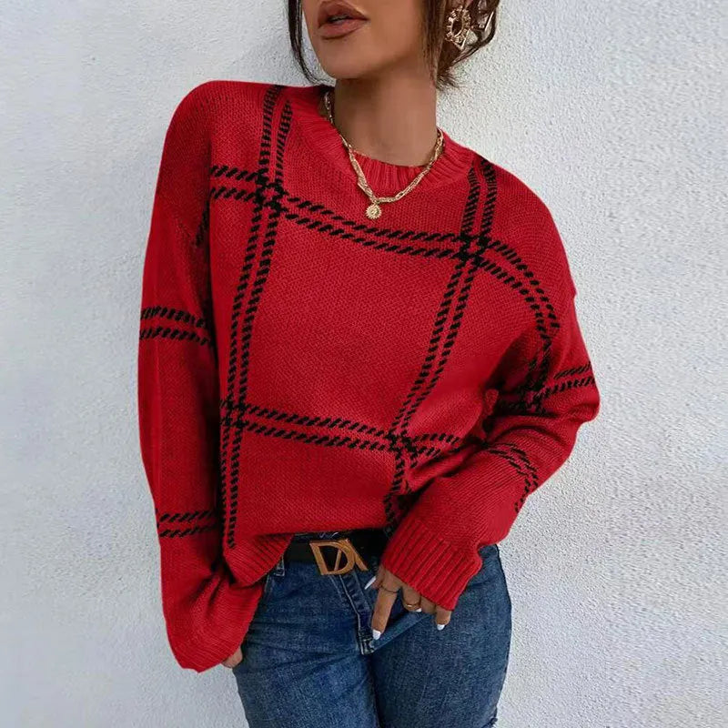 Women's casual plaid colour-block acrylic pullover sweater in loose fit with regular sleeves