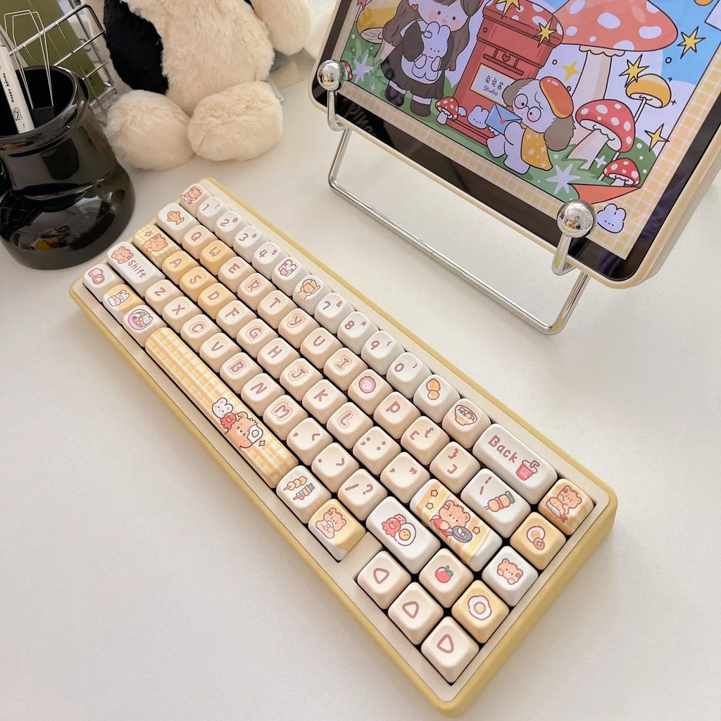 Set of 140 white PBT keycaps with colourful rabbit and bear restaurant theme, showing EOA height profile.