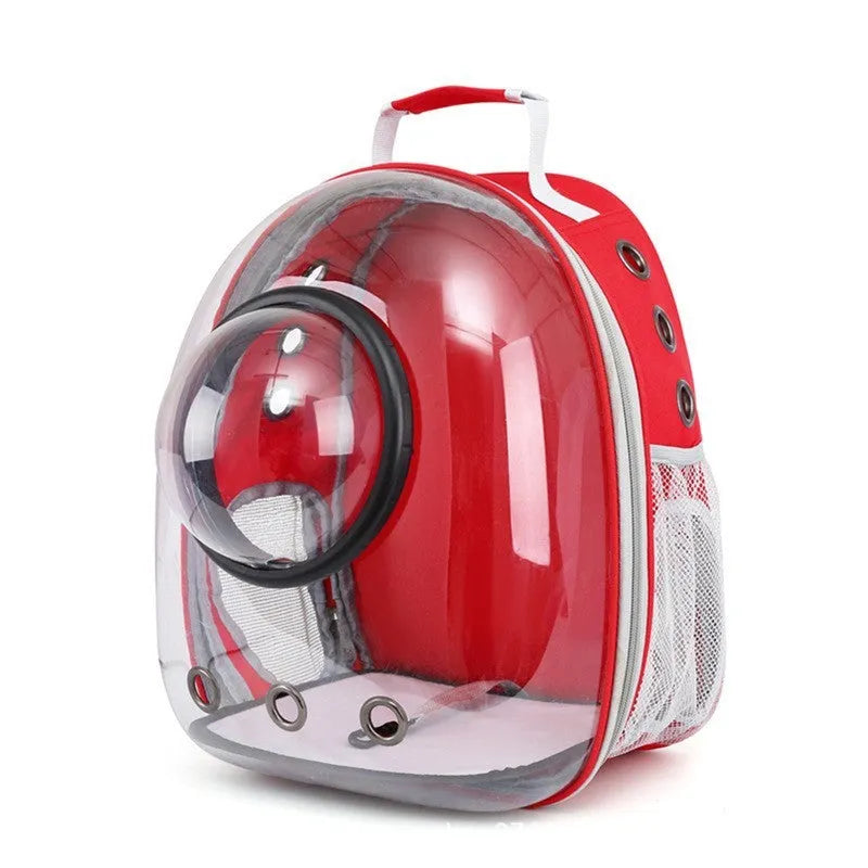 Grey PC astronaut-style pet carrier backpack with side-opening door for a cat.