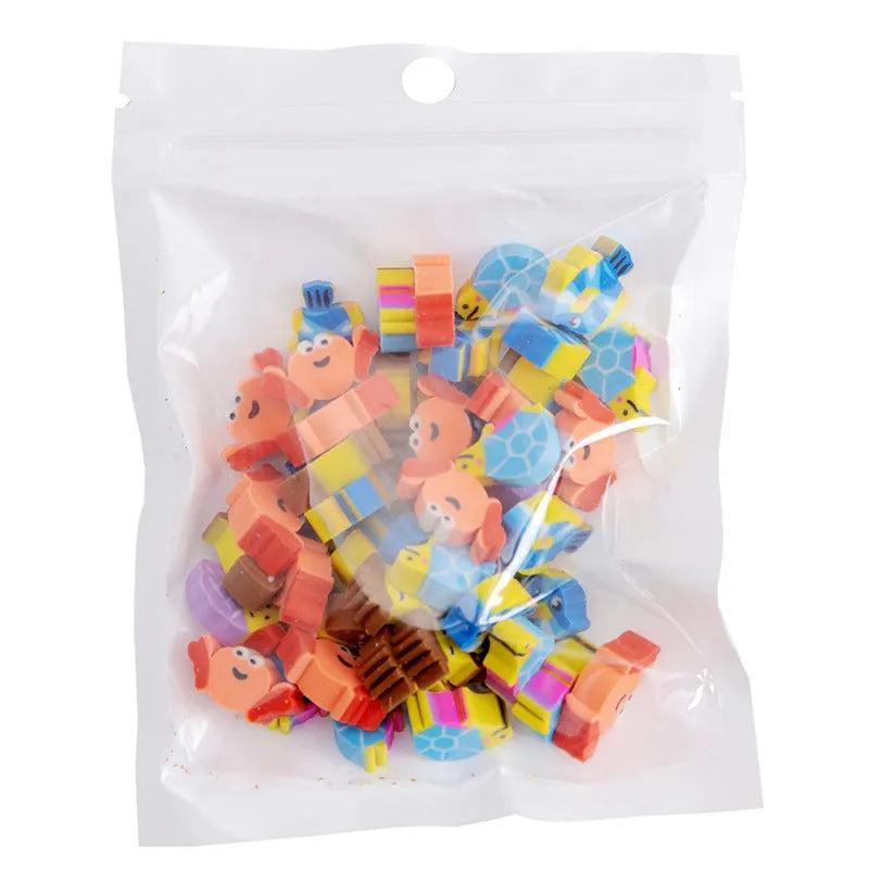 50 colourful cartoon mini erasers in pearlescent bags showing fruit, animal, and holiday designs