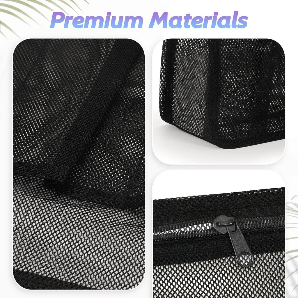 Black or pink polyester swimming gym bag showing dry wet separation compartments and mesh pocket construction