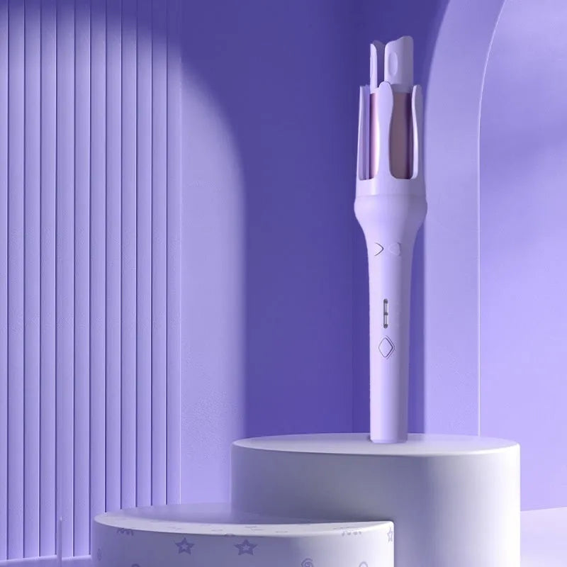 White automatic hair curler with 32mm barrels showing pink and purple colour options