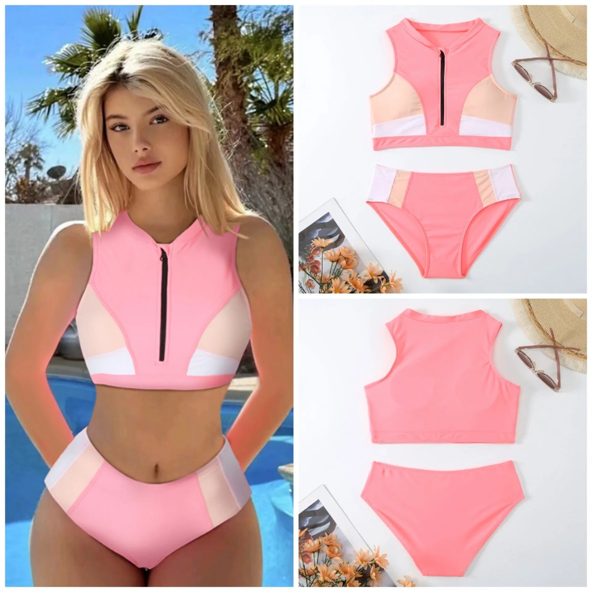 Pink high waist bikini swimsuit with brief style bottoms on a mannequin
