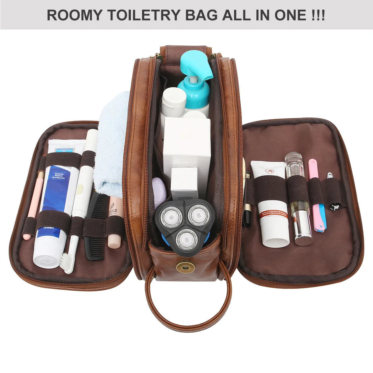 Black and brown men's PU toiletry bag with a zip closure for travel.