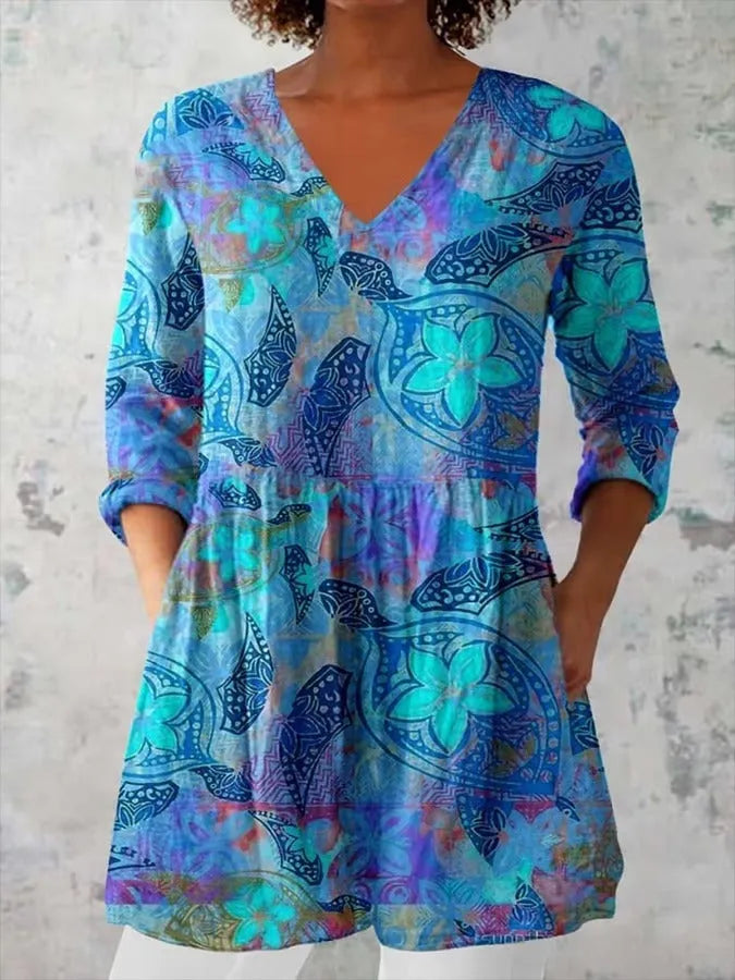 Women's retro slim fit long-sleeved top with digital printing, available in multiple colours.