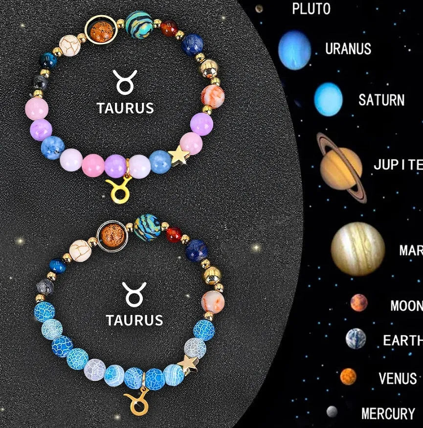 Two natural stone beaded bracelets with Chinese zodiac charms on elastic cord