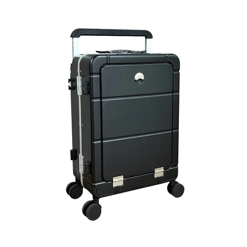 20 inch front opening suitcase with dry wet separation, ABS PC hardshell, cup holder and universal wheels in black