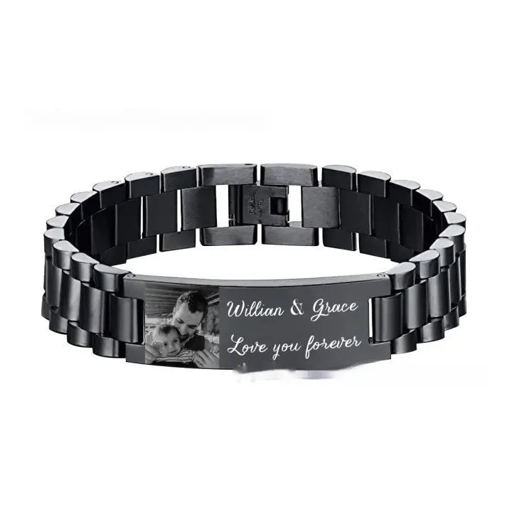 Men's titanium steel curved heart shape bracelet with black lettering.
