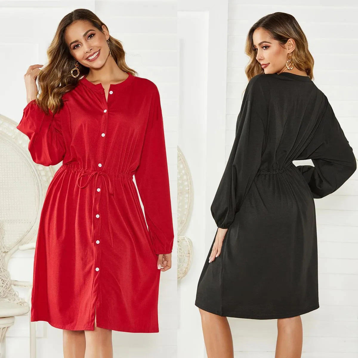 Women's black elastic waist A-line dress with cinched belt and long sleeves
