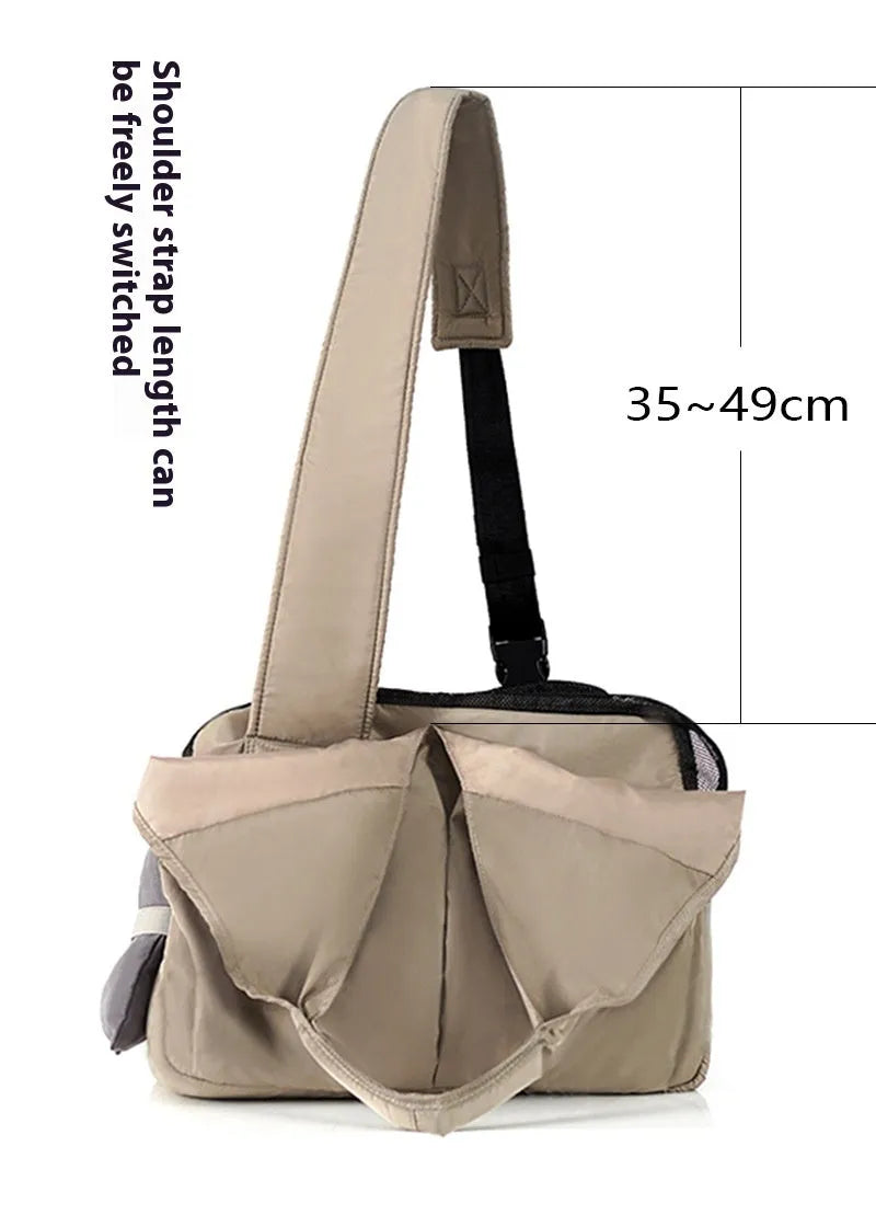 Apricot coloured cloth pet carrier handbag showing breathable fabric and portable design