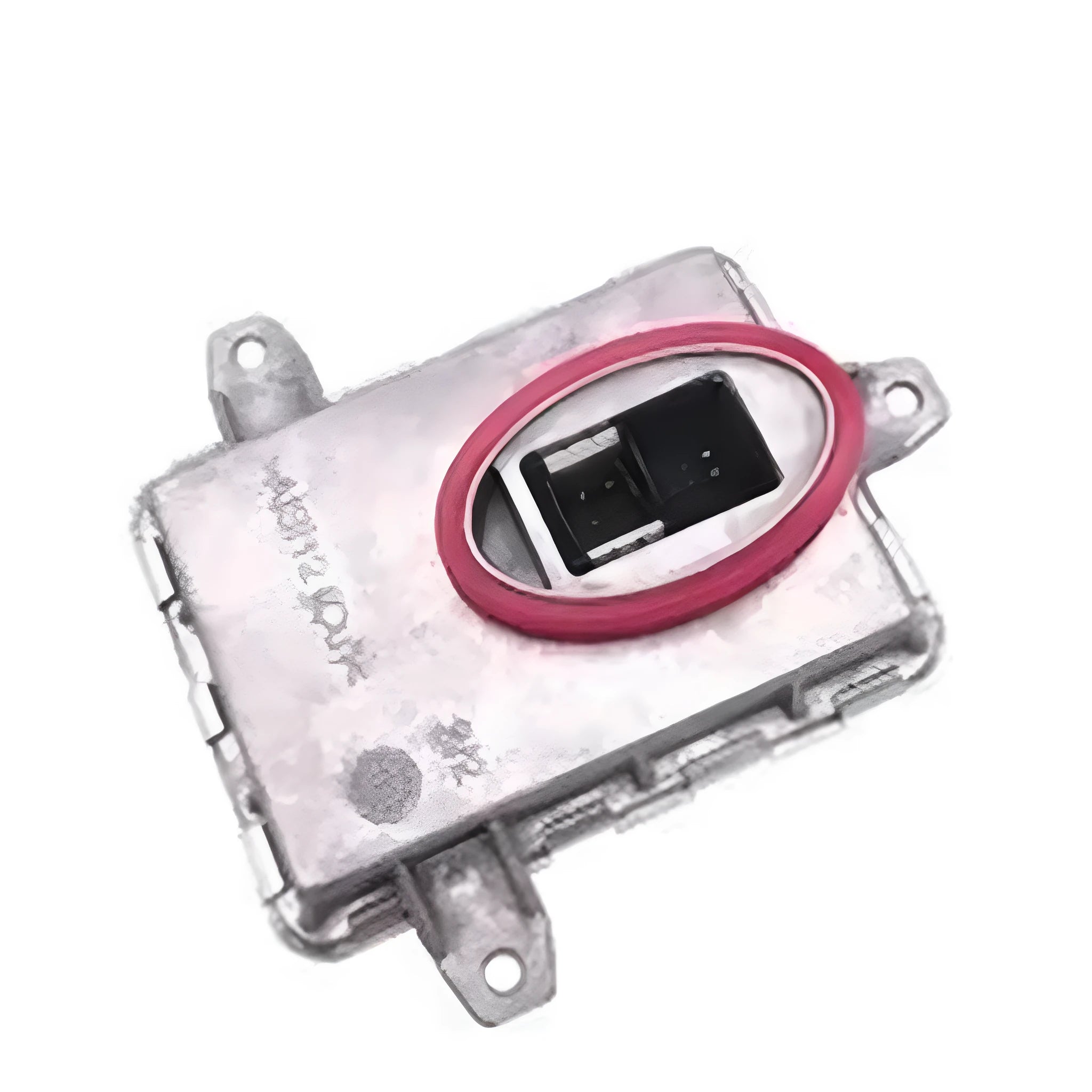 Metal headlight ballast unit for automotive use, showing scale with dimensions 14x11x4.5cm