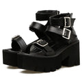 Black Roman style chunky heel sandals with thick platform sole and back zipper for punk Harajuku street fashion