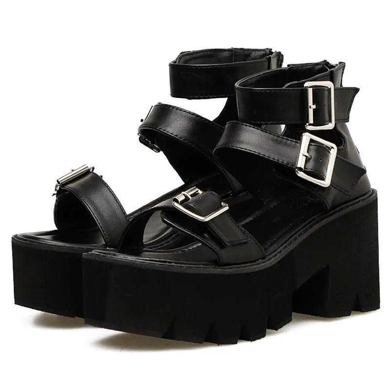 Black Roman style chunky heel sandals with thick platform sole and back zipper for punk Harajuku street fashion