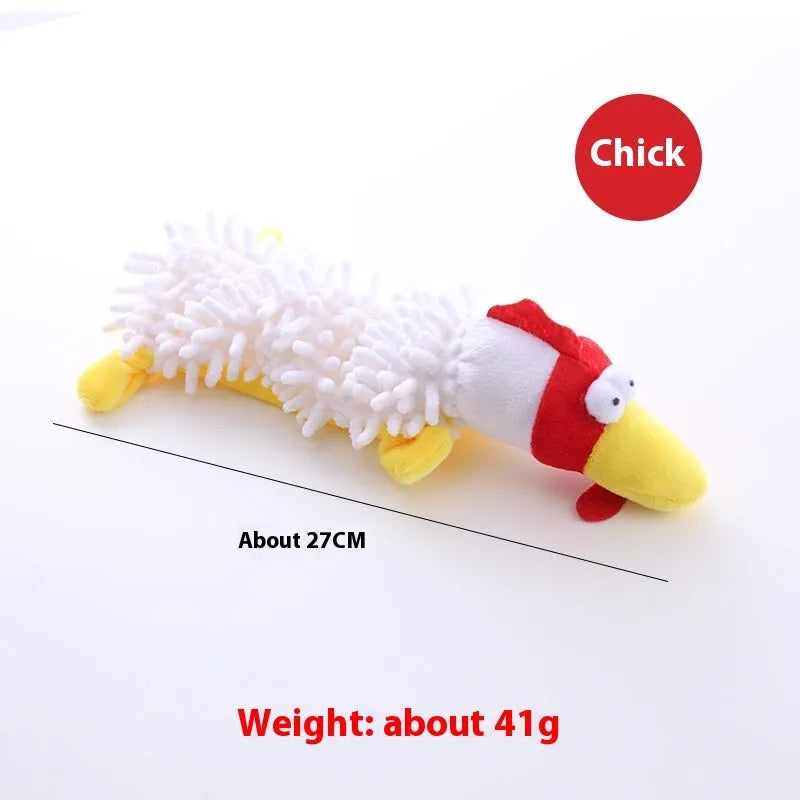 Plush horse molar dog chew toy in animal designs including brown dog, yellow duck, white chicken