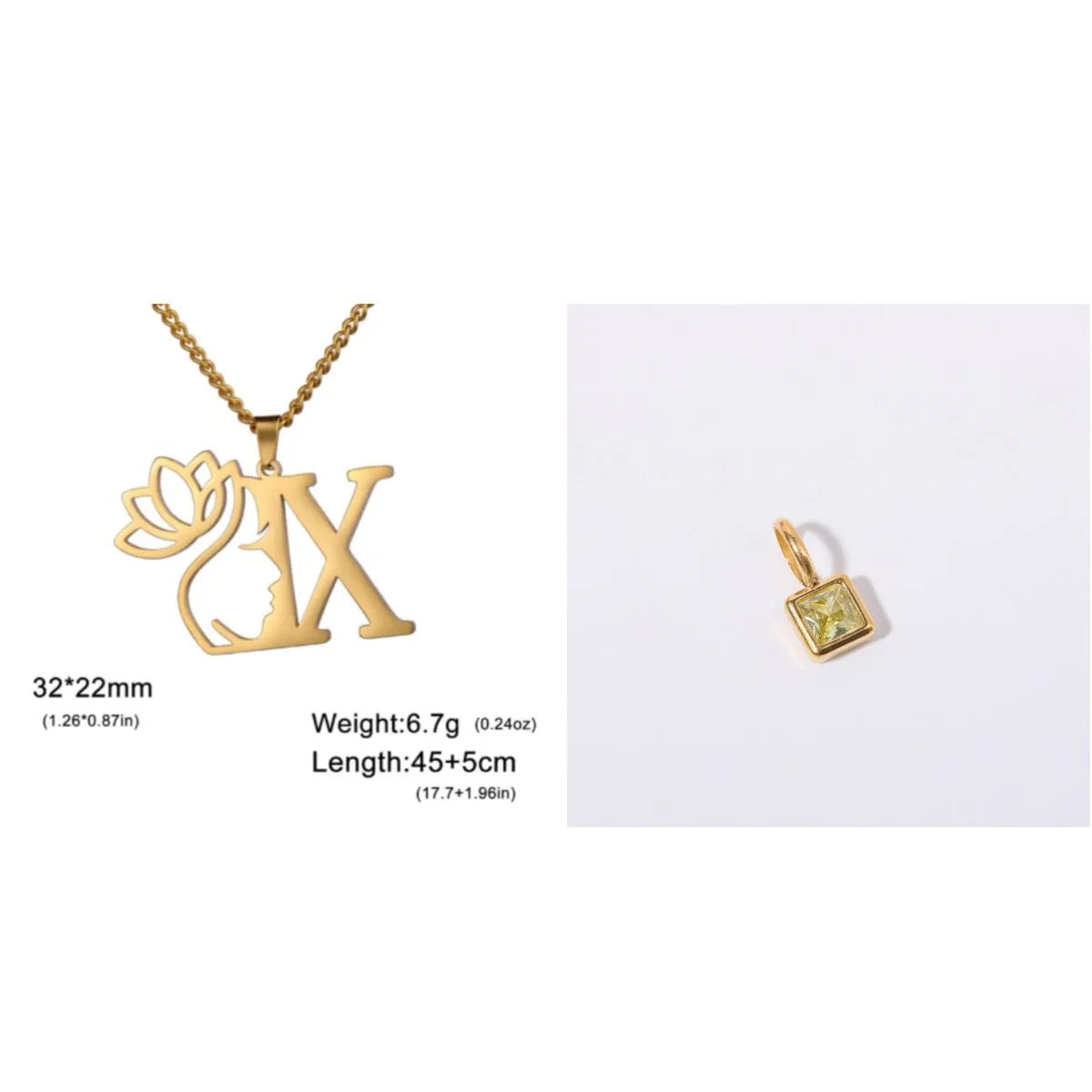 Stainless steel necklace with cross chain and a single letter pendant in gold or silver finish.